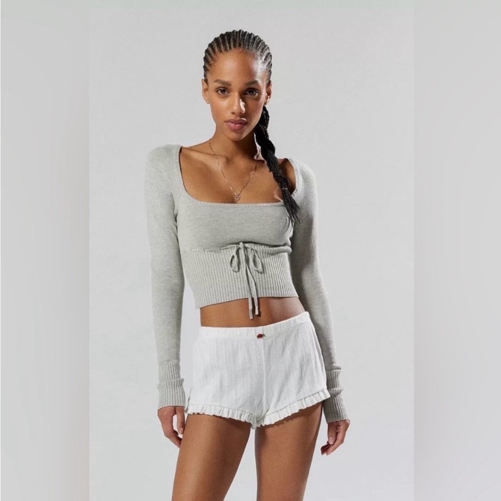 KIMCHI BLUE Grey Ribbed Long Sleeve Square Neck Tie Front Crop Sweater Top Sz S